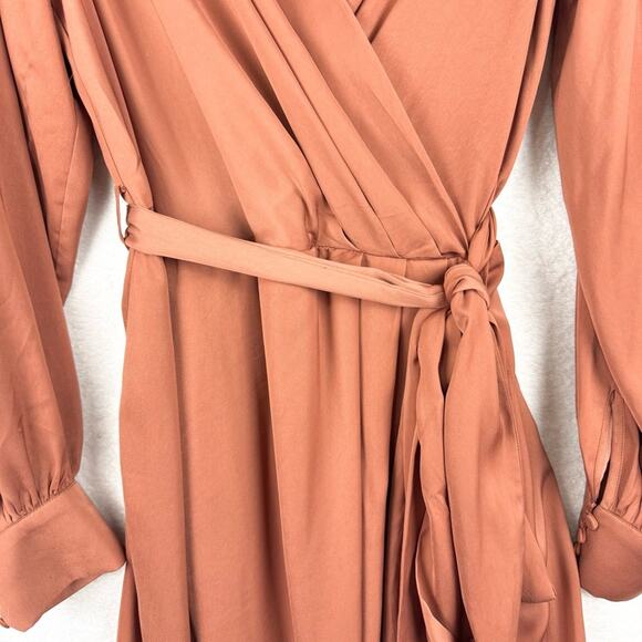 City Chic Opulent Satin Long Sleeve Faux Wrap Dress In Toffee Brown Size XS/14 - Picture 6 of 13